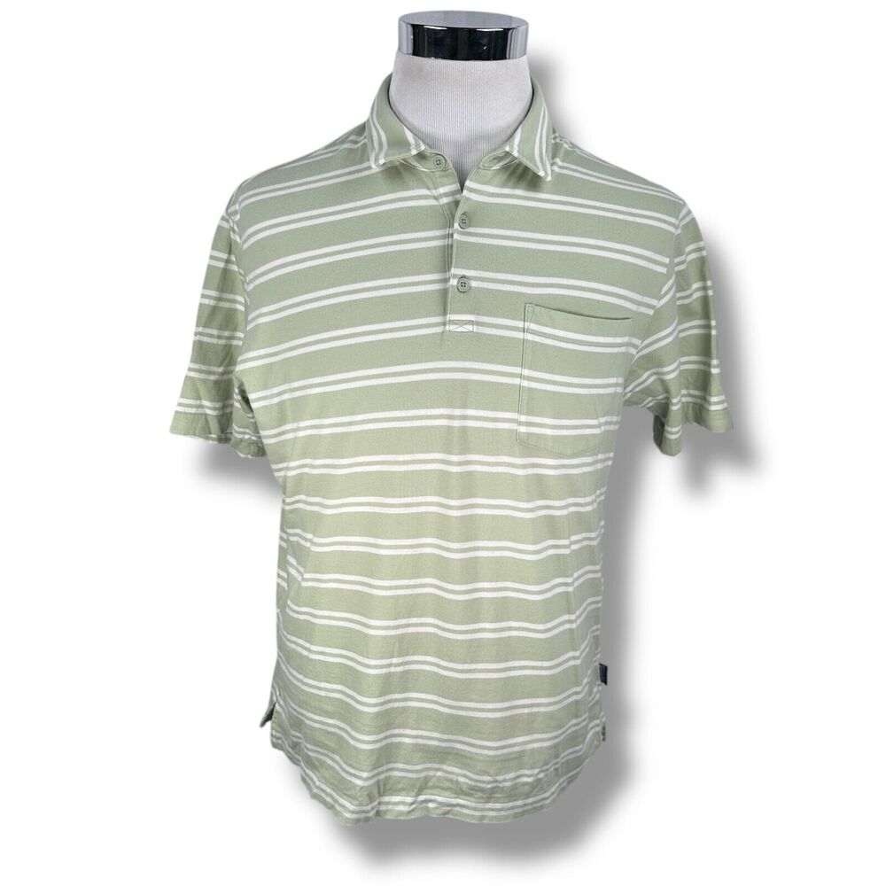 Patagonia‎ Polo Shirt Men’s Medium Green White Short Sleeve Regular Fit Striped